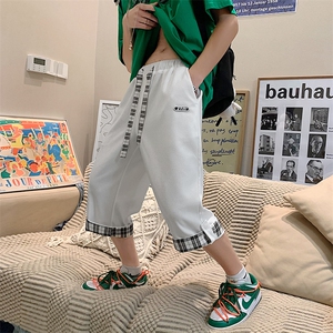华夫格运动七分裤男夏季宽松过膝短裤ins潮牌大码休闲7分裤子k27图片