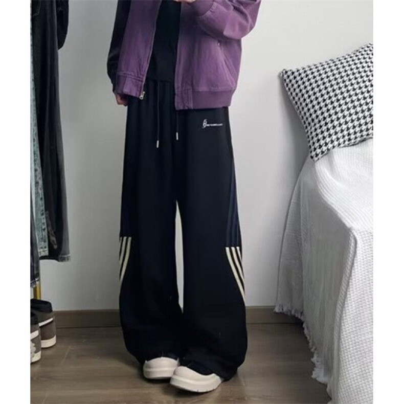 美式高街拼接条纹运动裤男女同款秋冬直筒休闲阔腿长裤子KM977,男装休闲裤,星座1116A-1（原606A）