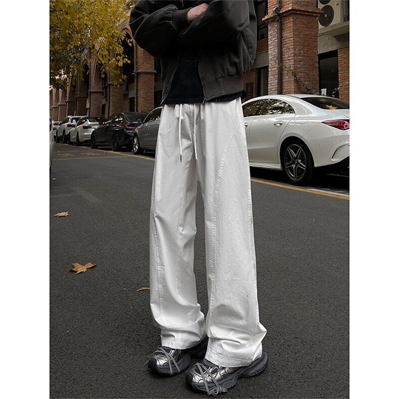 2025春季新款纯棉水洗斜切休闲裤白色微喇弯刀裤A511特P45控78，男装休闲裤，电商A309