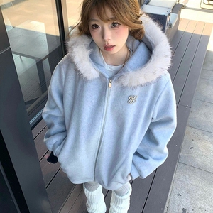 甜美学院慵懒风蓬松毛领连帽开衫卫衣女秋冬新款时尚简约百搭外套图片