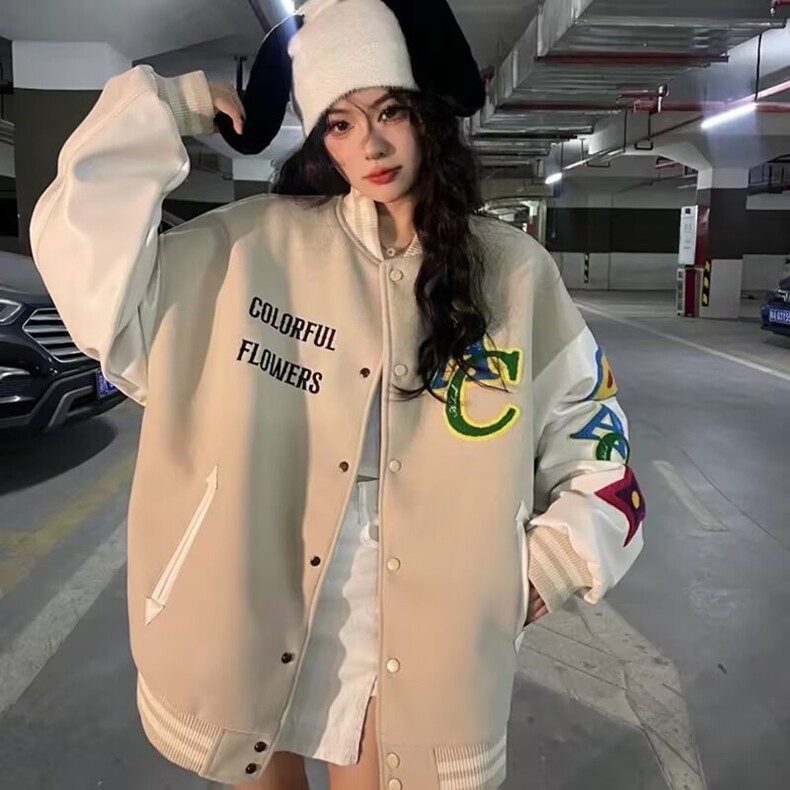 美式休闲彩虹碎花系列毛巾绣植绒夹克杏色单排扣棒球服外套图片