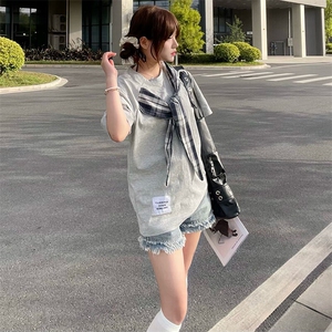 拼接格子布装饰 高品质260克双纱纯棉美式高街短袖T恤 特P35图片