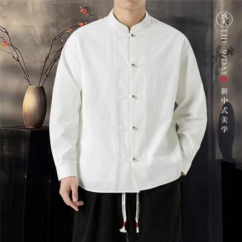 中式复古工装白衬衫禅意茶服男秋季长袖衬衣居士汉服J6911-P55,男装衬衫,星座1105-3