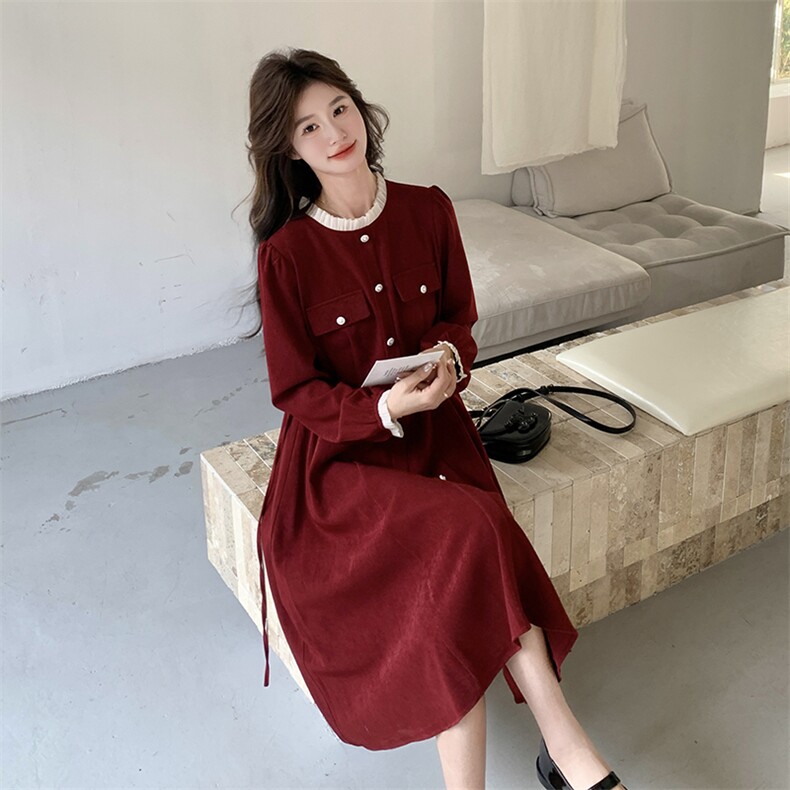 赫本风红色订婚小香风连衣裙女2025春季新款收腰显瘦长袖气质裙子,女装连衣裙,浙宝276（原081）