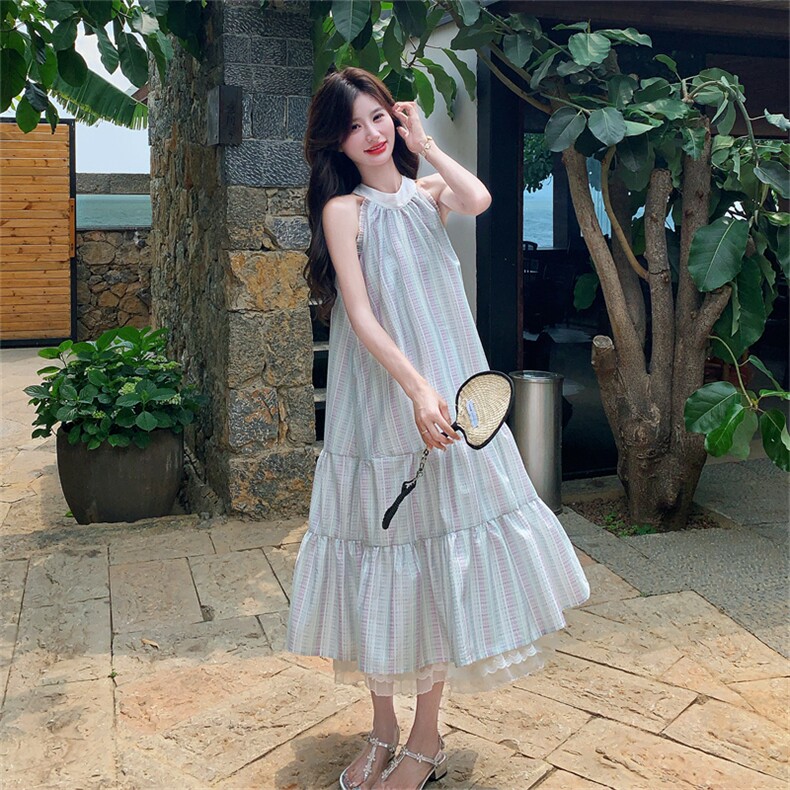 海边度假挂脖连衣裙女2025夏季新款法式巨好看气质绝美仙女长裙子,女装连衣裙,2C375