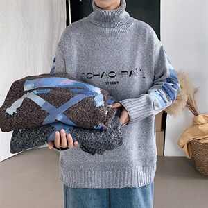 ！冬季加厚高领毛衣男潮牌印花百搭针织衫毛线衣服GM606P60图片