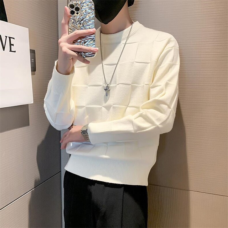 网图78563-P60白色格子毛衣男圆领秋冬季潮牌针织衫打底衫轻熟风，男装针织衫/毛衣，电商D310B