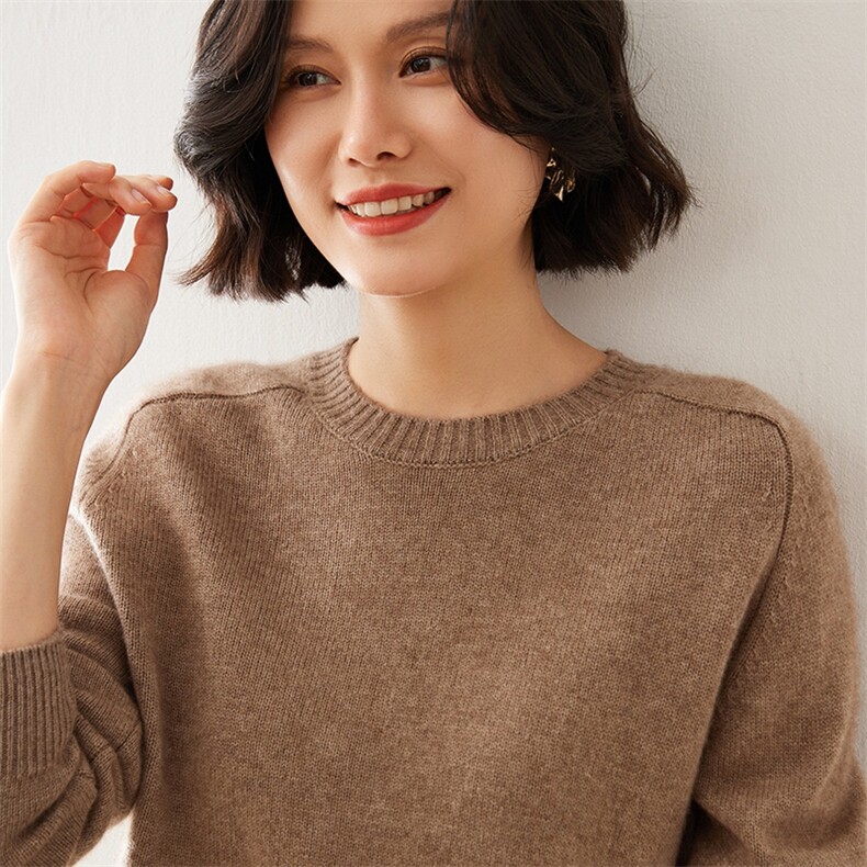 2024秋季新款女士圆领长袖短款套头衫通勤百搭35%羊绒衫,女装羊绒衫,澳煜绒
