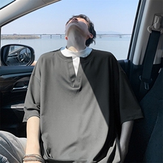 特批P25无差价夏季港风冰丝顺滑V领拼色假两件宽松短袖T恤T5132，男装T恤，电商A001