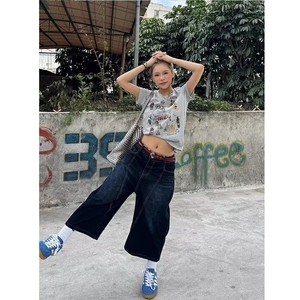 大码简约美式百搭复古牛仔阔腿裤夏季设计感水洗宽松潮流七分裤图片