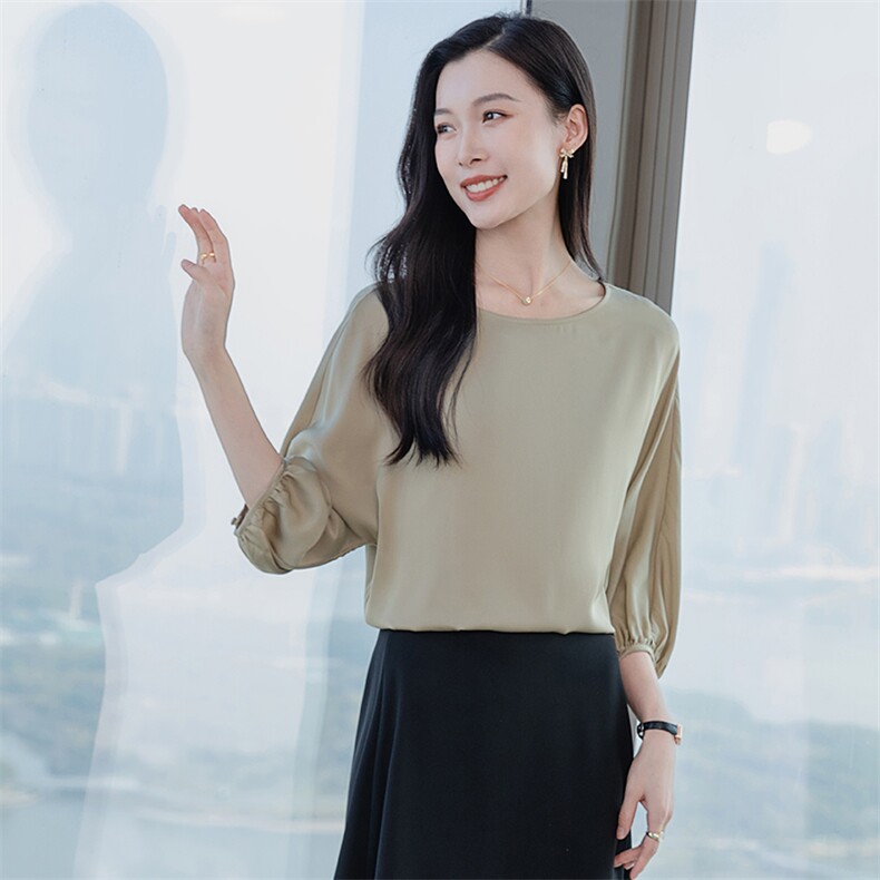 纯色真丝上衣女七分袖2026春夏宽松中袖中年妈妈装真丝T恤小衫,女装衬衫,阿舍尔精品