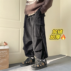 冬款大口袋美式加绒加厚男灯芯绒阔腿直筒工装裤K23027J加绒-P80，男装休闲裤，电商A001-1