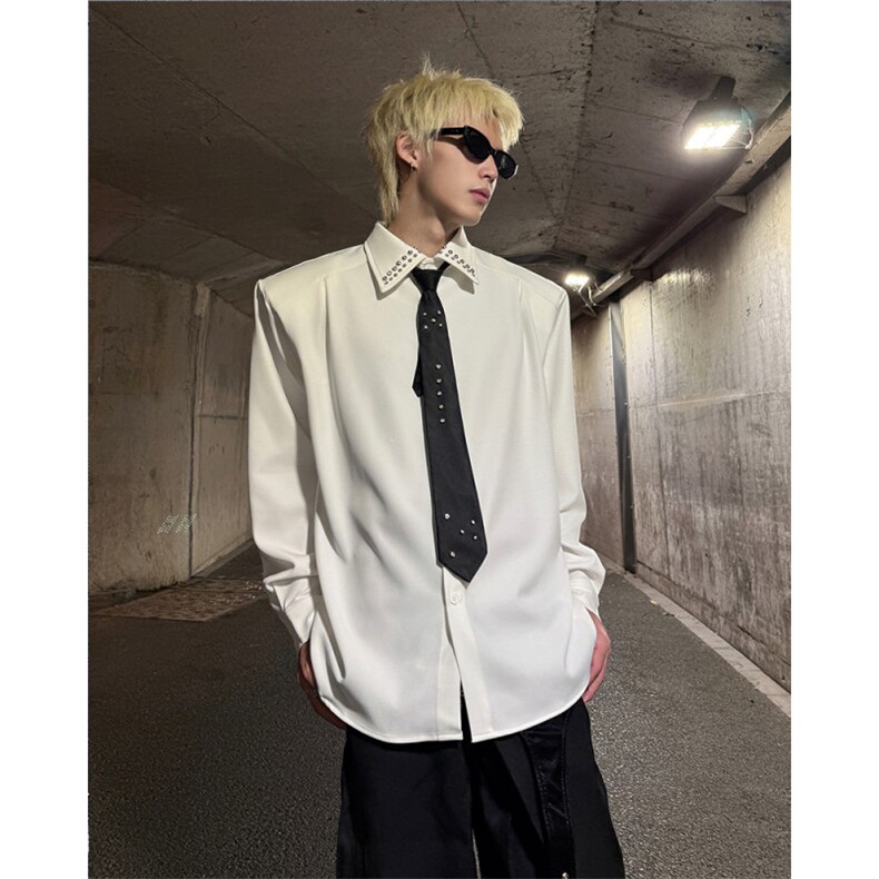现货25秋冬男士设计感铆钉垫肩衬衫CS218-P78配领带,男装衬衫,电商B288