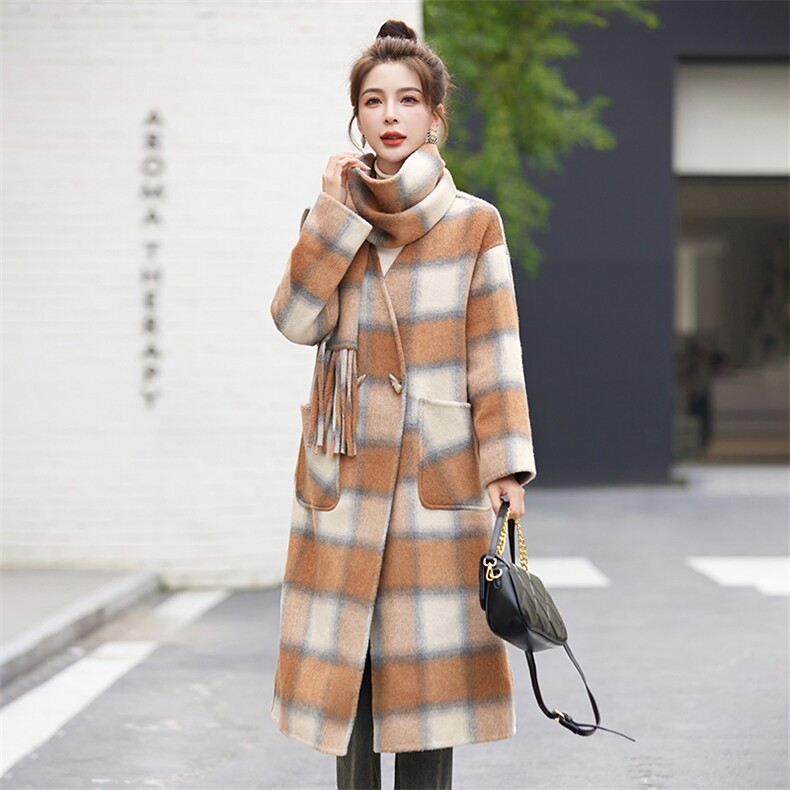 现货手工缝制双面羊毛大衣冬装新款女装时尚韩版休闲外套送围巾,女装双面呢大衣,辉煌依升