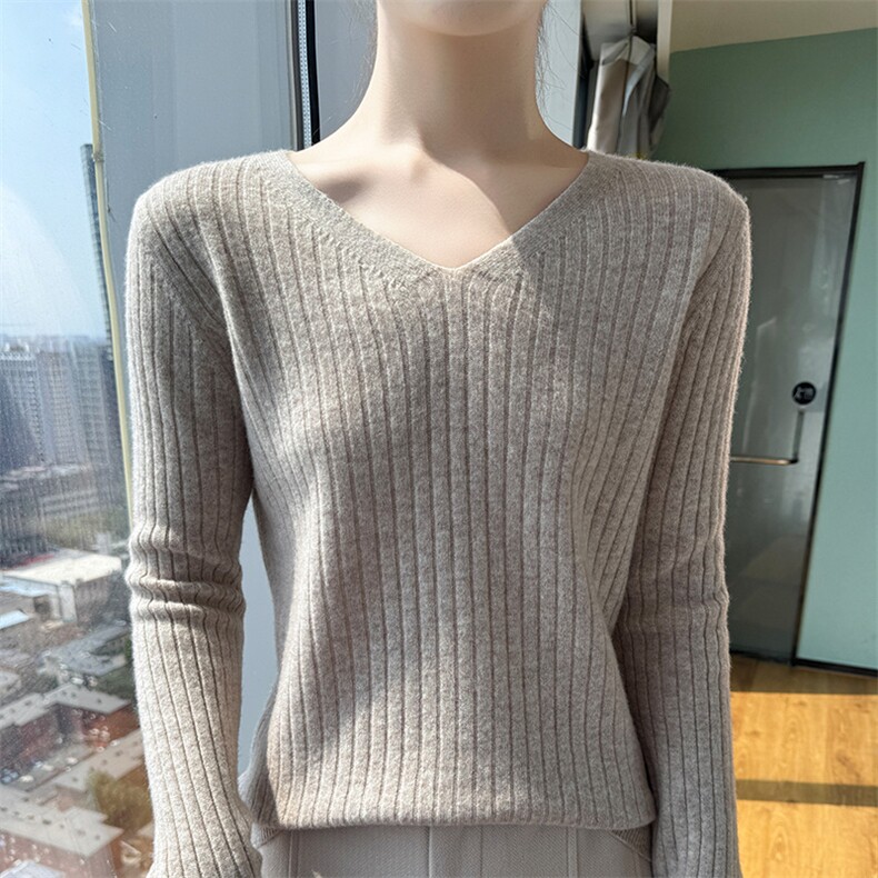 V领羊毛衫秋冬新款坑条修身针织打底套头毛衣女,女装羊毛衫,君贝羊绒