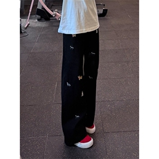 黑色线条小狗刺绣弯刀牛仔裤男款美式高街vibe裤子直筒显瘦微喇裤，男装牛仔裤，星座610A