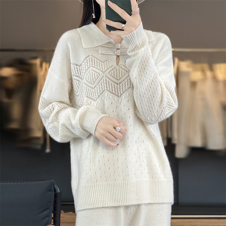 毛衣女新款2024秋冬套头翻领盘扣宽松慵懒针织上衣,女装羊毛衫,江南羊绒
