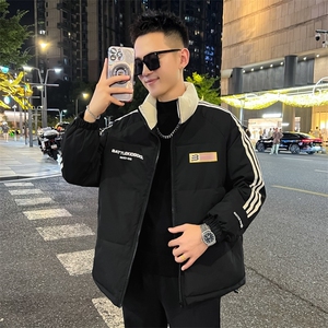 百搭拉链棉服男款冬季三条杠撞色立领棉衣潮宽松型青少年时尚保暖图片