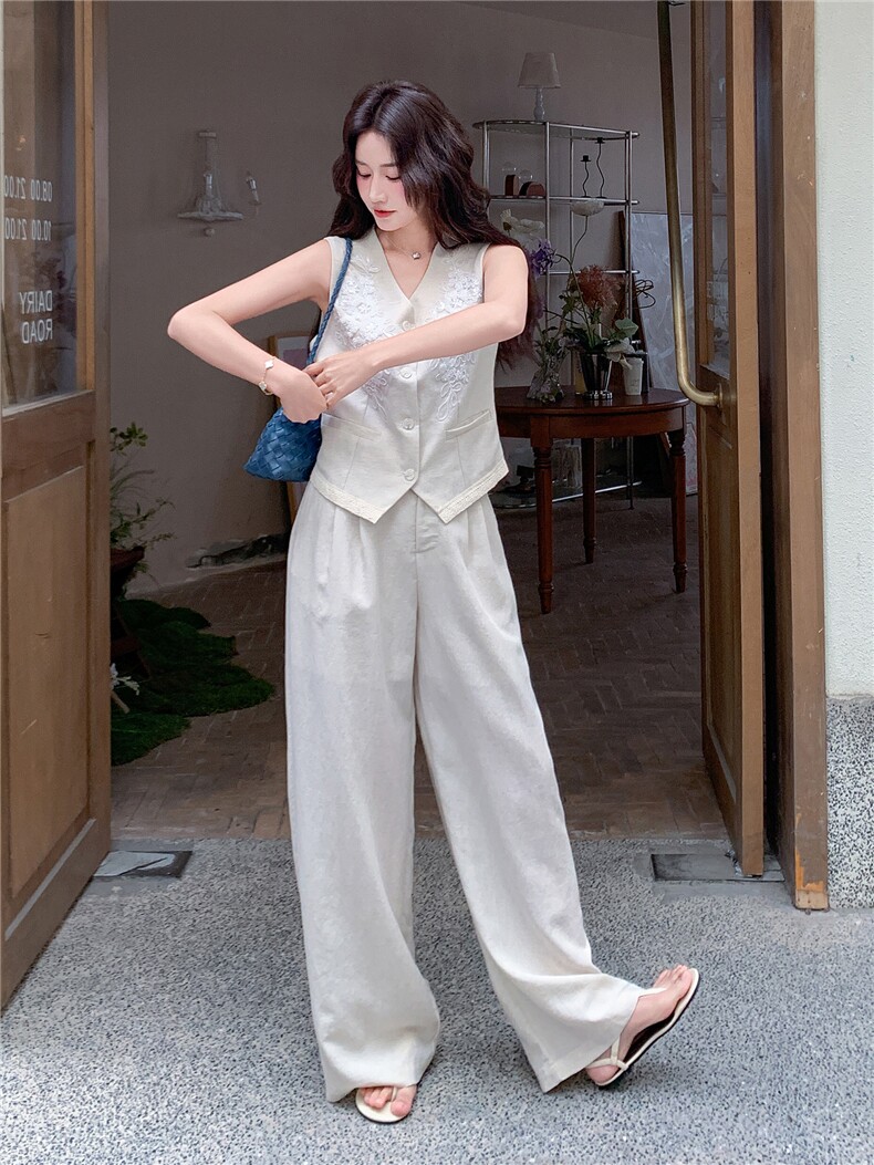 简约老钱风重工刺绣马甲阔腿裤套装女2026夏季显瘦超好看一整套,女装套装/套裙,流量+