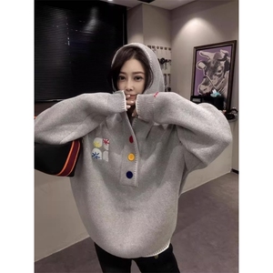 灰色美式复古刺绣连帽毛衣男款潮牌慵懒高级感打底针织衫情侣外套图片
