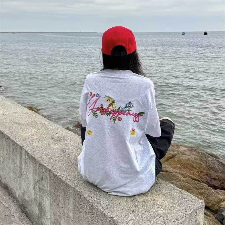 海王日记美式花体字母短袖logoT恤男女情侣夏季中性风宽松,男装T恤,四季星座505