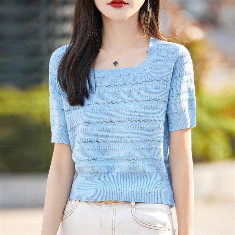 超好看~花纱针织方领短袖上衣女2024夏新款法式短款减龄显瘦T恤衫图片