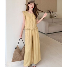 夏装套装新款时尚木耳边无袖短上衣+阔腿裤两件套，女装针织衫/毛衣，雅鹿