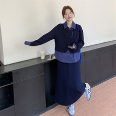 藏青色假两件卫衣套装裙女2025秋季新款超好看学院风半身裙两件套，女装套装/套裙，2C129