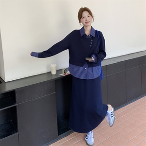 藏青色假两件卫衣套装裙女2025秋季新款超好看学院风半身裙两件套图片