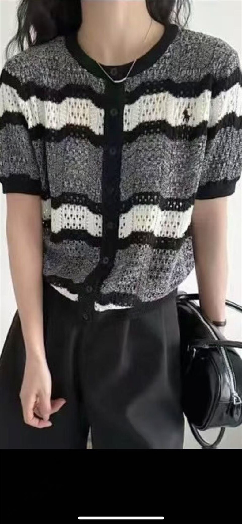 女士夏季通勤简约舒适百搭AB花沙条纹短袖,女装T恤,百纯羊绒
