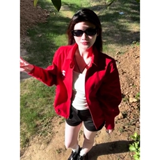 美式覆古红色棒球服外套女春秋2025新款巨好看早秋季开衫夹克上衣，男装夹克，星座506A