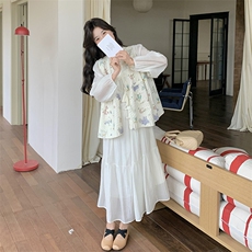 针织印花马甲连衣裙套装女2025春季新款度假风超仙森系长裙两件套，女装连衣裙，红龙果