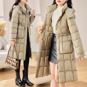 2024年冬季女装新款直筒型通勤可脱卸帽纯色中长款羽绒棉棉服外套图片
