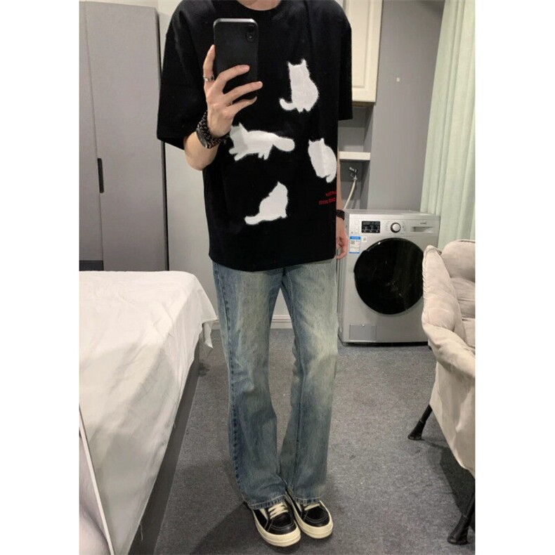 黑色猫咪印花短袖t恤男夏季潮牌凉感速干半袖情侣潮牌五分袖体恤,男装T恤,星座706-1