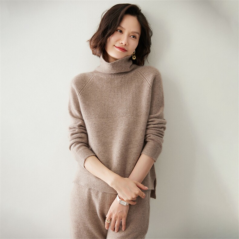 时尚高领开叉女士羊绒衫舒适保暖显瘦毛衣套装,女装羊绒衫,迎冬羊绒