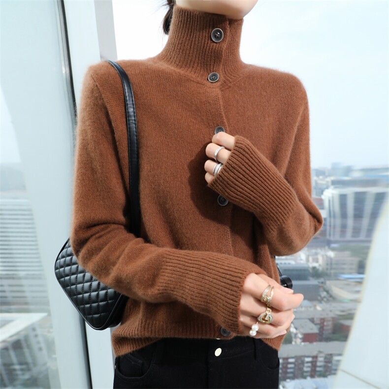 2024秋季新款高翻领单排扣休闲外套通勤百搭10%羊绒衫,女装羊绒衫,昭美羊绒