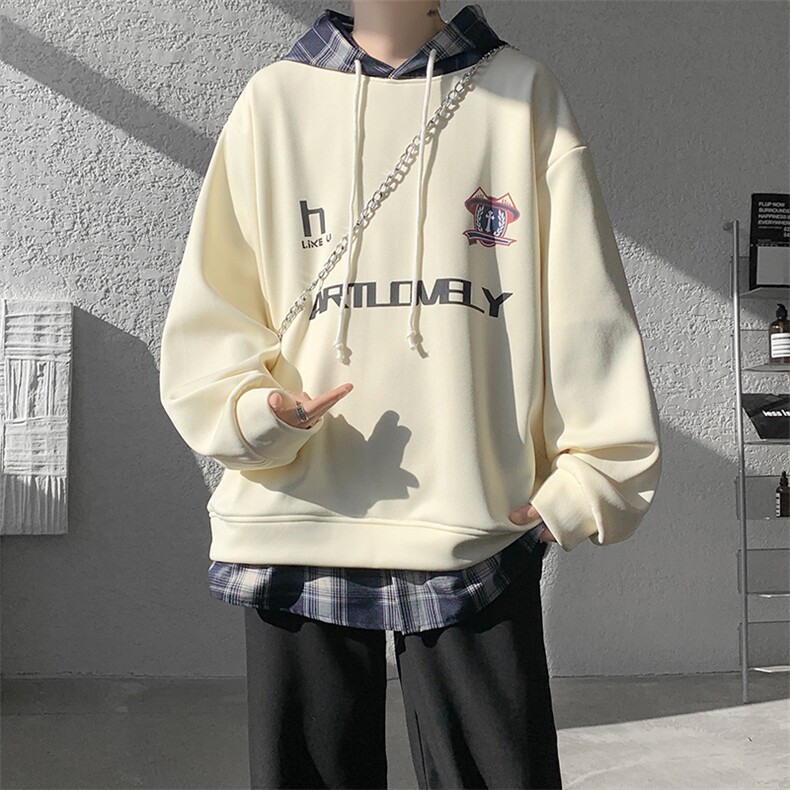 现货WY10099-特批42撞色拼接格子假两件连帽印花卫衣,男装卫衣,电商A059
