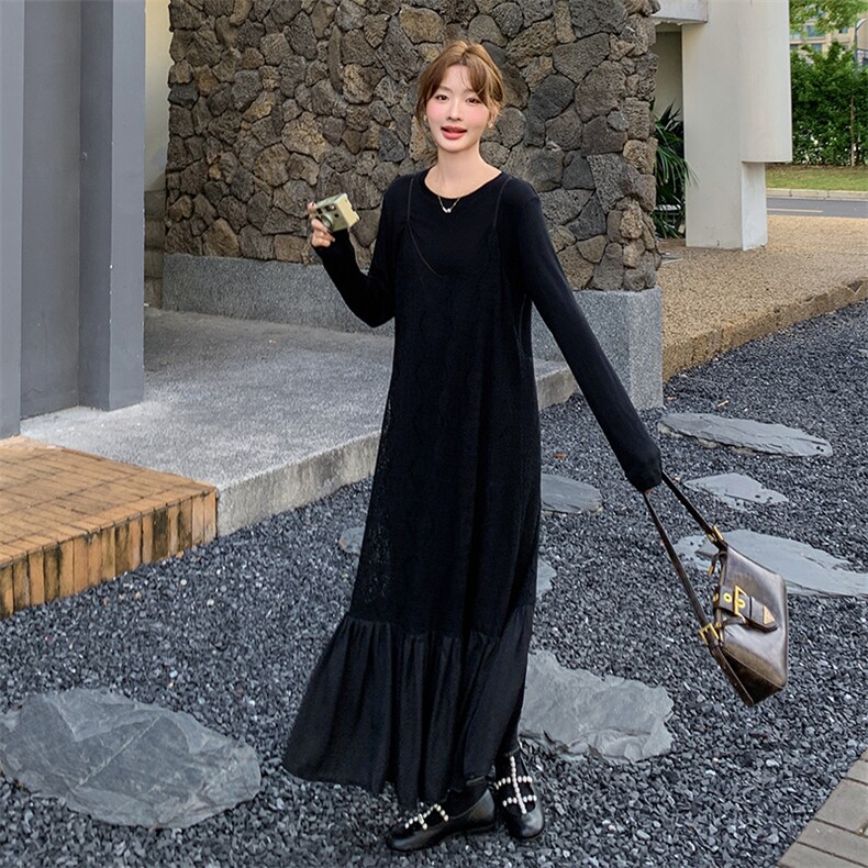 黑色高级感蕾丝拼接连衣裙女2025夏新款法式赫本风气质显瘦鱼尾裙,女装套装/套裙,2C316