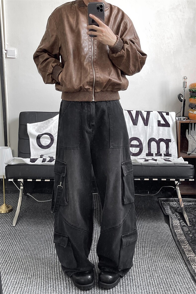 美式复古工装牛仔裤新款多口袋直筒宽松阔腿裤K666TP65,男装牛仔裤,电商A102B