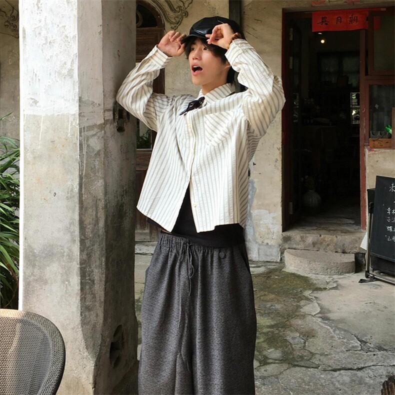美式潮牌高街复古泡泡纱竖条纹日系肌理长袖衬衫男女休闲宽松衬衣,男装衬衫,电商A486