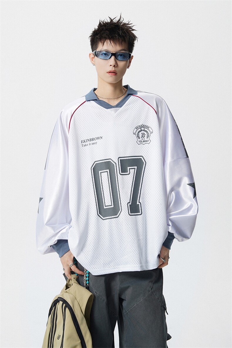 美式翻领POLO衫大码M-5XL插肩拼接V领球衣长袖T恤T78096P48控78,男装T恤,星座227-7