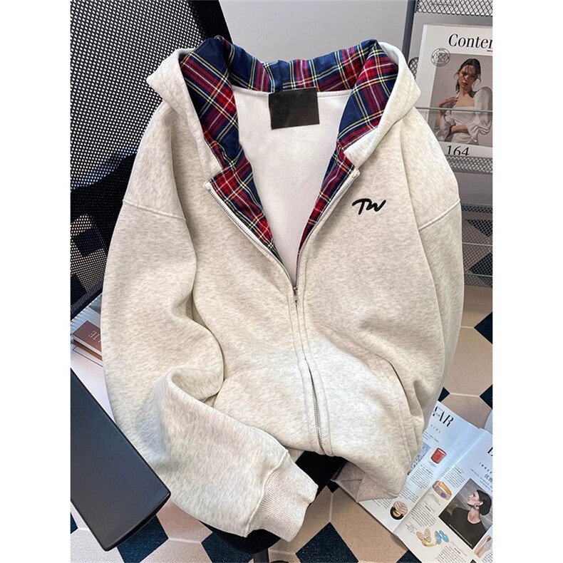 美式格子装饰基础款开衫拉链卫衣外套加绒秋冬连帽上衣WY01 P58图片