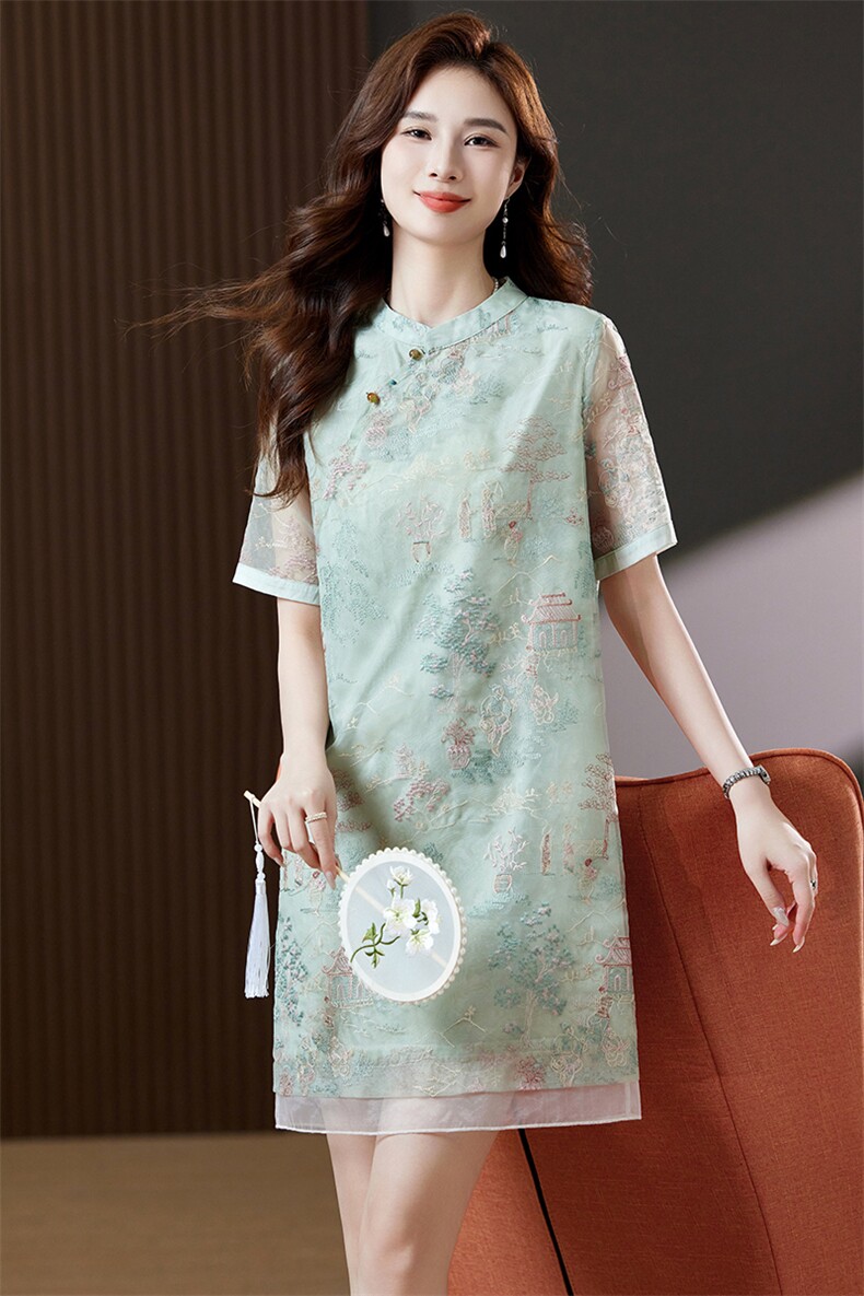 官方旗舰店新中式连衣裙2024新款女装夏季时尚休闲直筒裙子,女装连衣裙,浙宝2-166