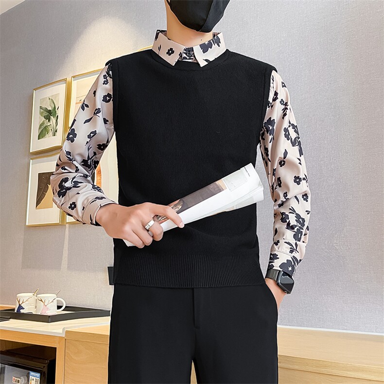 24秋冬新款男士花衬衫袖毛衣假二件男冬季打底衫301A-1/M84/P75图片