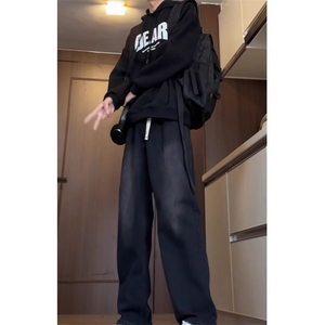 美式高街宽松复古水洗做旧渐变休闲抽绳系带牛仔裤K70196-P39网图图片