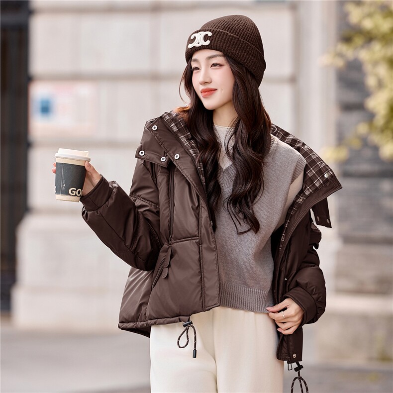 现货冬装新款简约时尚保暖休闲拼接连帽PU加厚棉服棉衣外套,女装棉衣/棉服,韩美纤衣