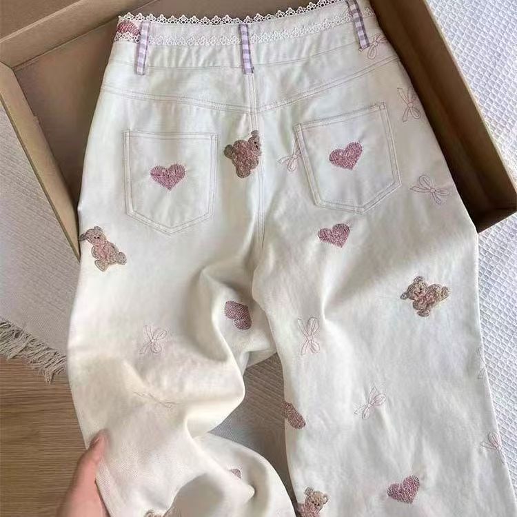 AK2300-P60韩系chic小熊牛仔裤双腰头设计高腰百搭阔腿裤,女装休闲裤,星座617A-2