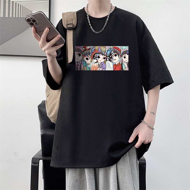 京剧脸谱风麂皮绒短袖t恤男大码半袖男 JD82250-P25图片