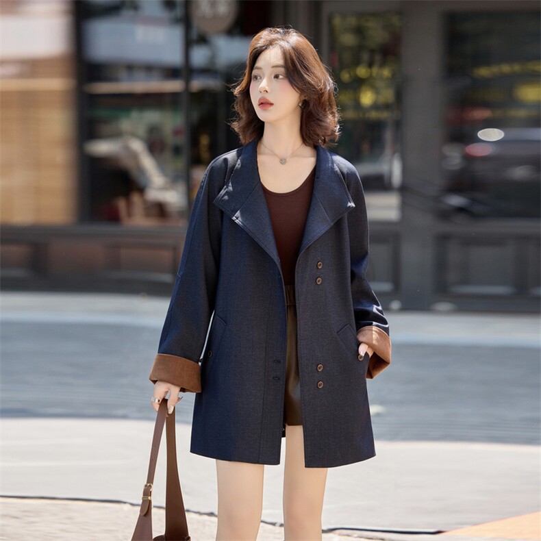 高级感藏青色翻领风衣外套女2025秋冬季宽松减龄拼色收腰气质大衣,女装风衣,素月