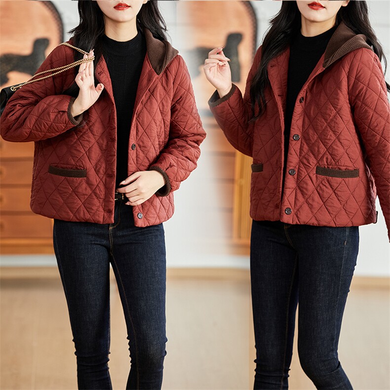 轻薄加棉外套女小个子短款2025春秋新款宽松休闲撞色连帽棉衣棉服，女装棉衣/棉服，余墨